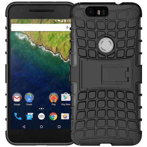 Dual Layer Rugged Tough Shockproof Case & Stand for Google Nexus 6P - Black