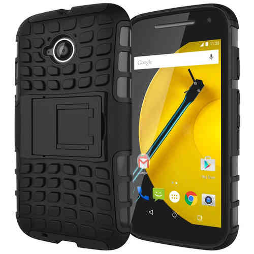 Dual Layer Rugged Tough Shockproof Case & Stand for Motorola Moto E (2nd Gen) - Black