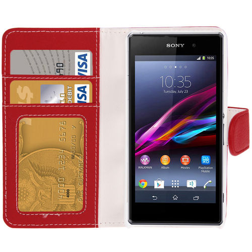 Leather Wallet & Card Holder Case for Sony Xperia Z1 Compact - Red